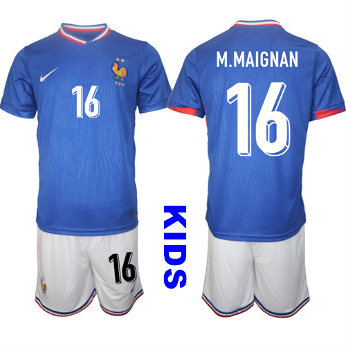 Youth France #16 M.MAIGNAN 2024-25 Home Kids Soccer Suit Jersey