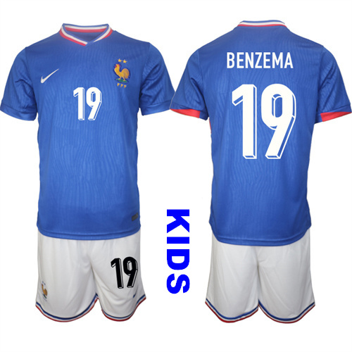 Youth France #19 BENZEMA 2024-25 Home Kids Soccer Suit Jersey