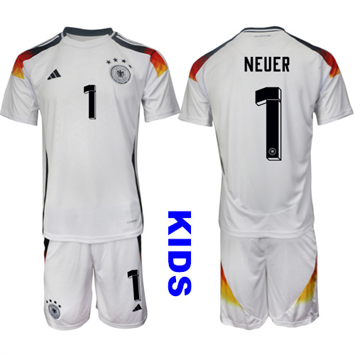 Youth Germany #1 NEUER 2024-25 Home White Kids Soccer Suit Jersey