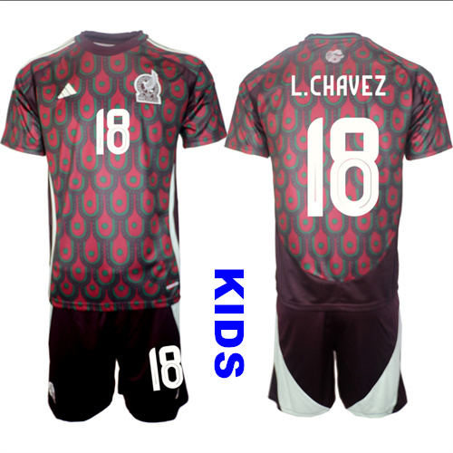 Youth Mexico #18 L.CHAVEZ 2024-25 Home Kids Soccer Suit Jersey