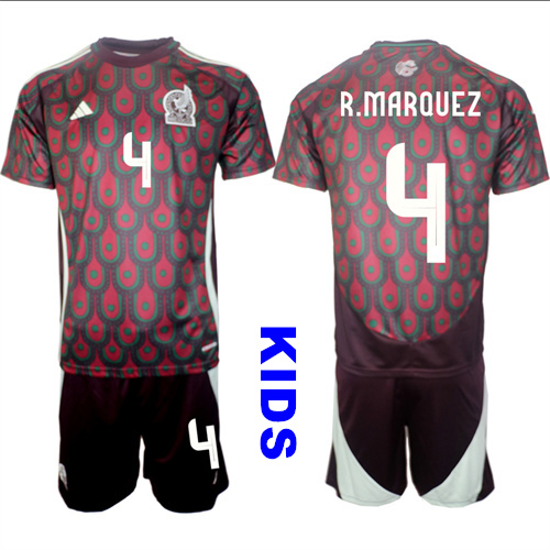 Youth Mexico #4 R.MARQUEZ 2024-25 Home Kids Soccer Suit Jersey
