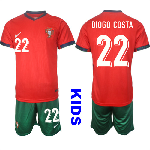 Youth Portugal #22 DIOGO COSTA 2024-25 Home Kids Soccer Suit Jersey