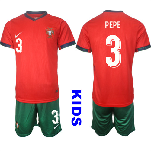 Youth Portugal #3 PEPE 2024-25 Home Kids Soccer Suit Jersey