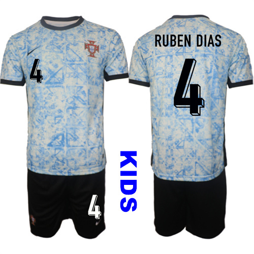 Youth Portugal #4 RUBEN DIAS 2024-25 Away Kids Soccer Suit Jersey