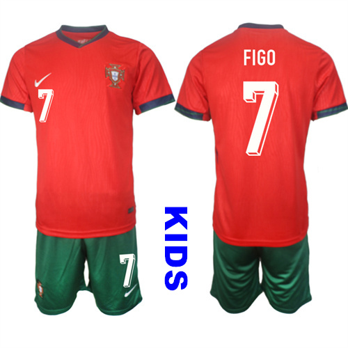Youth Portugal #7 FIGO 2024-25 Home Kids Soccer Suit Jersey