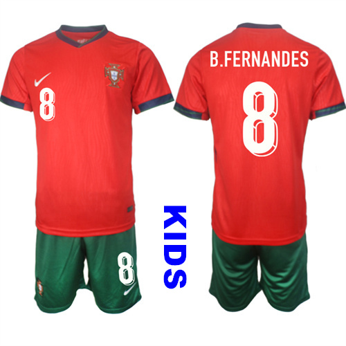 Youth Portugal #8 B.FERNANDES 2024-25 Home Kids Soccer Suit Jersey