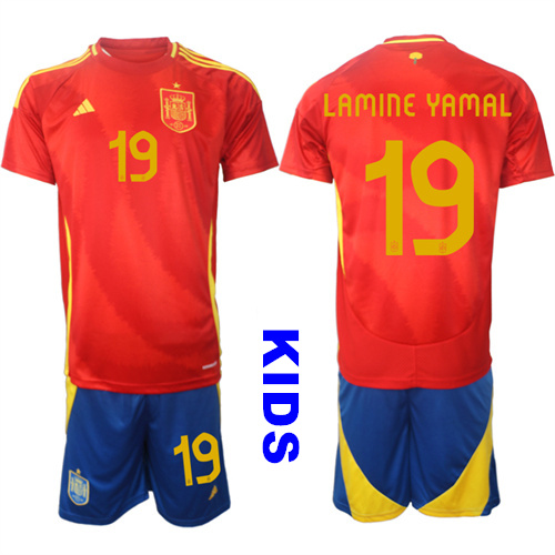 Youth Spain #19 LAMINE YAMAL 2024-25 Home Kids Soccer Suit Jersey