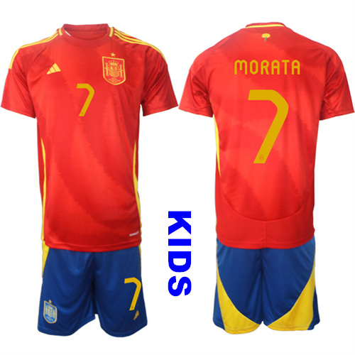 Youth Spain #7 MORATA 2024-25 Home Kids Soccer Suit Jersey