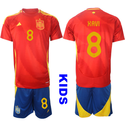 Youth Spain #8 XAVI 2024-25 Home Kids Soccer Suit Jersey
