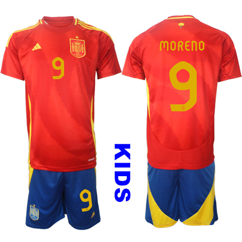 Youth Spain #9 MORENO 2024-25 Home Kids Soccer Suit Jersey
