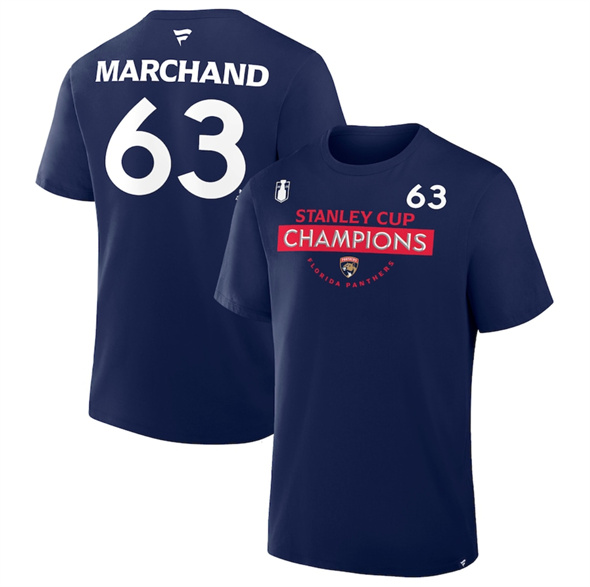 Men's Florida Panthers #63 Brad Marchand Navy 2025 Stanley Cup Champions Pro Name & Number T-Shirt