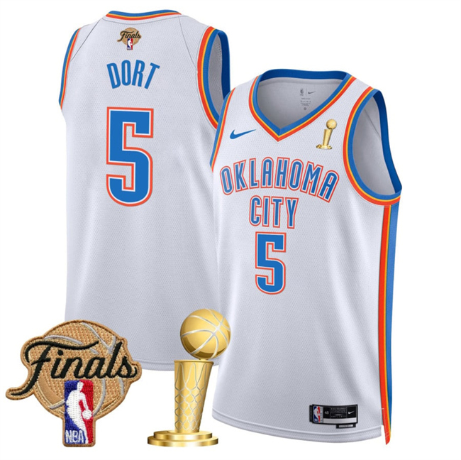 Men's Oklahoma City Thunder #5 Luguentz Dort White 2025 Finals Patch And Finals Champions Patch Association Edition Stitched Basketball Jersey