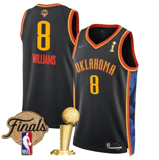 Men's Oklahoma City Thunder #8 Jalen Williams Black 2025 Finals Patch And Finals Champions Patch City Edition Stitched Basketball Jersey