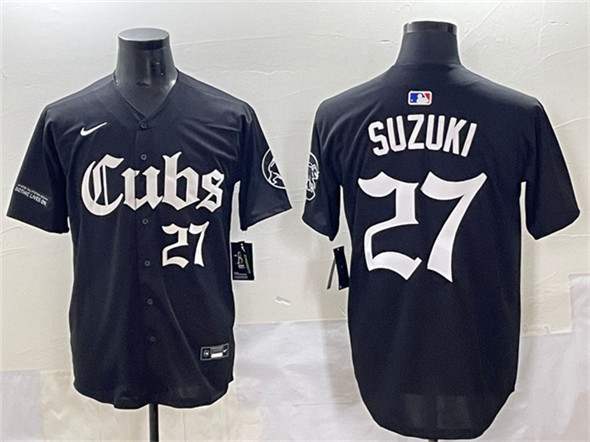 Men's Chicago Cubs #27 Seiya Suzuki Black 'Gothic North Side Edition' Vapor Premier Limited Stitched Baseball Jersey