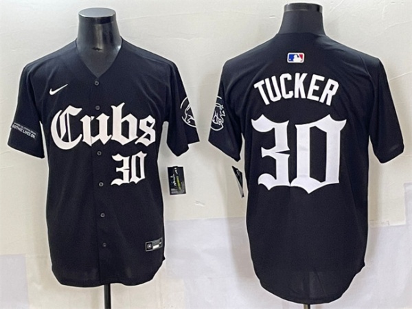 Men's Chicago Cubs #30 Kyle Tucker Black 'Gothic North Side Edition' Vapor Premier Limited Stitched Baseball Jersey