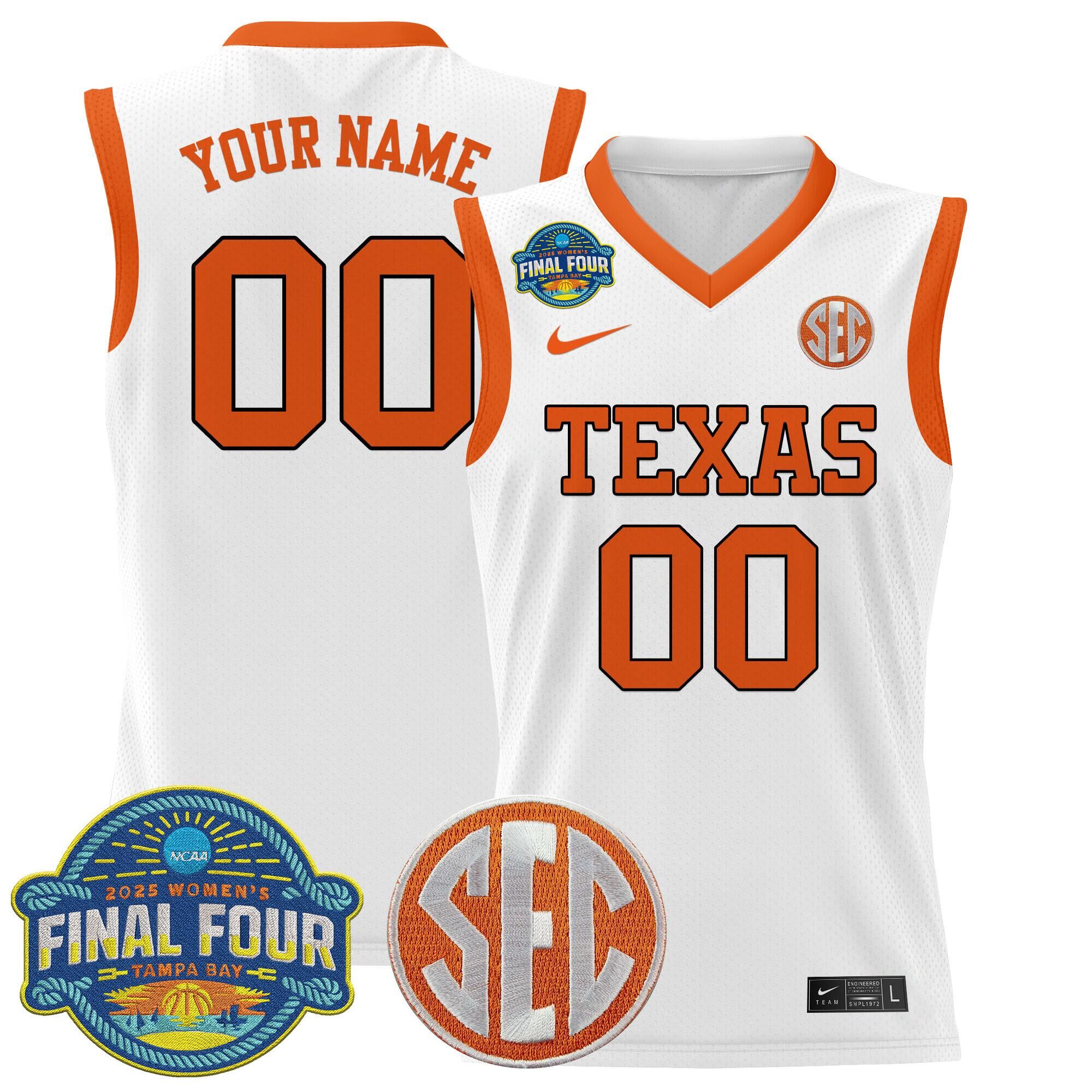 Men's Texas Longhorns Active Player Custom White 2025 Sec Women’s Final Four Patch Lightweight Stitched Basketball Jersey