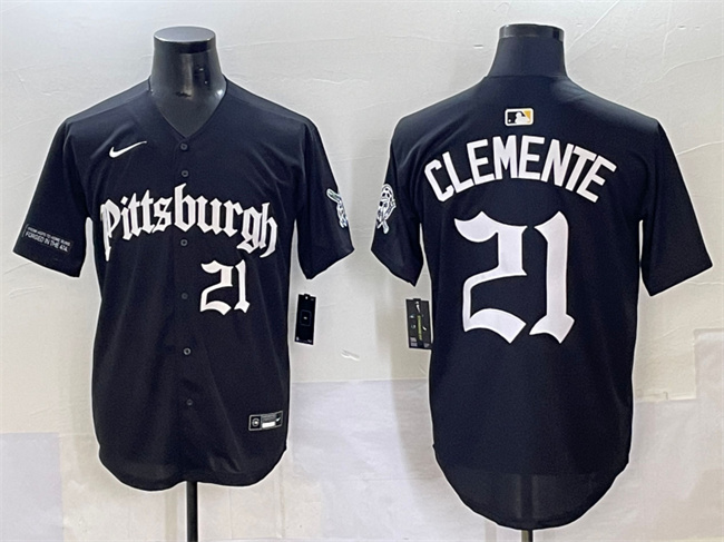 Men's Pittsburgh Pirates #21 Roberto Clemente Black 'Gothic Steel City Edition' Vapor Limited Stitched Baseball Jersey