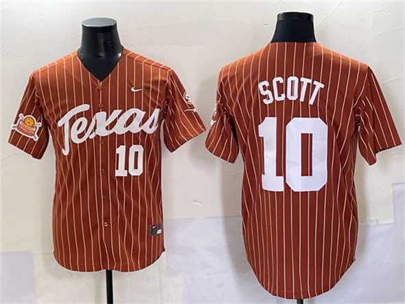 Men's Texas Longhorns #10 Mia Scott Orange Pinstripe 2025 Softball National Champions & SEC Patch Stitched Jersey
