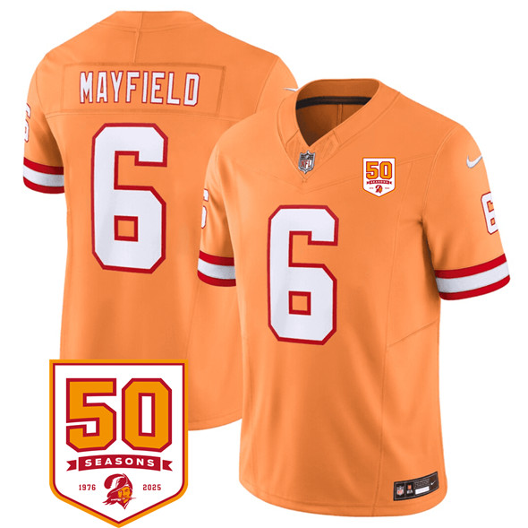 Men's Tampa Bay Buccaneers #6 Baker Mayfield Orange 2025 F.U.S.E. 50th Anniversary Patch Vapor Untouchable Limited Football Stitched Jersey