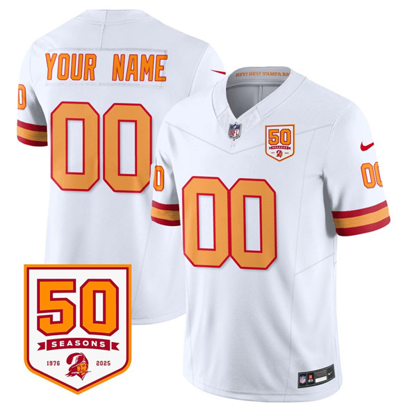 Men's Tampa Bay Buccaneers Active Player Custom White 2025 F.U.S.E. 50th Anniversary Patch Vapor Limited Football Stitched Jersey