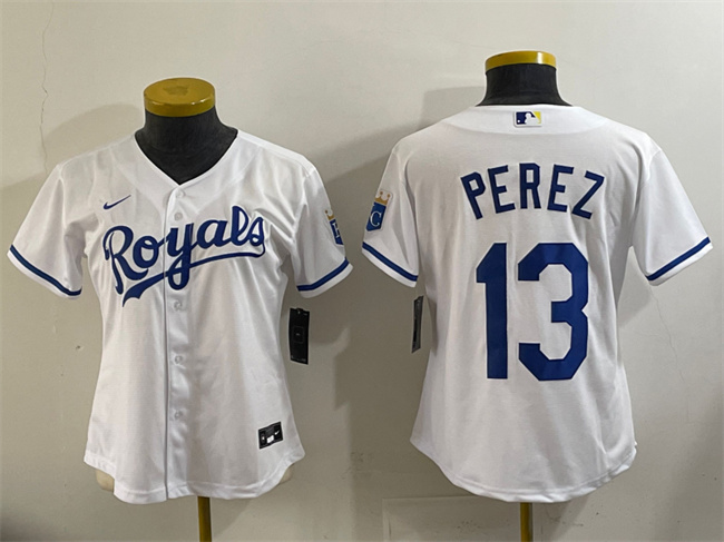 Youth Kansas City Royals #13 Salvador Perez White Cool Base Stitched Baseball Jersey