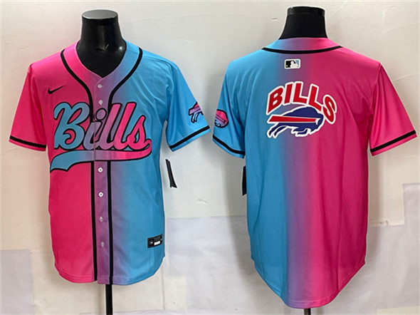 Men's Buffalo Bills Team Big Logo Pink Blue Limited Stitched Baseball Jersey