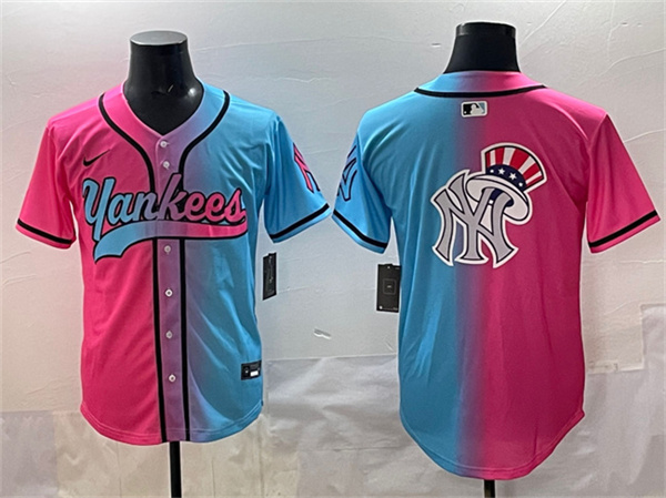 Men's New York Yankees Team Big Logo Pink Blue Limited Stitched Baseball Jersey