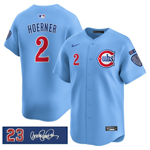 Men's Chicago Cubs #2 Nico Hoerner Blue 'Ryne Sandberg Tribute' Vapor Limited V3 Stitched Baseball Jersey