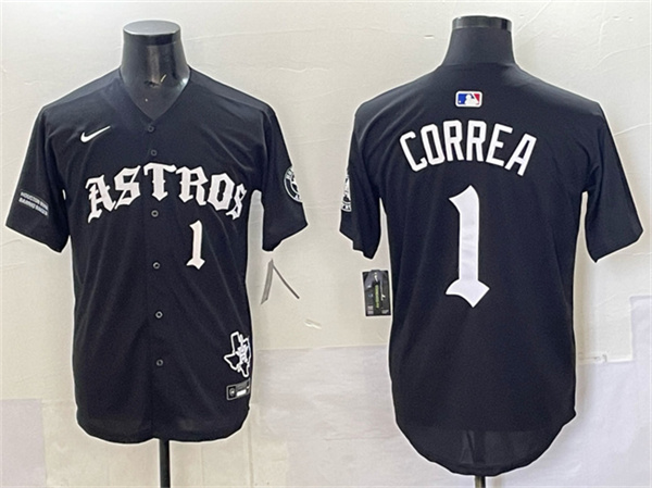 Men's Houston Astros #1 Carlos Correa Black Gothic 'Houston Born Barrio Raised' Limited Stitched Baseball Jersey