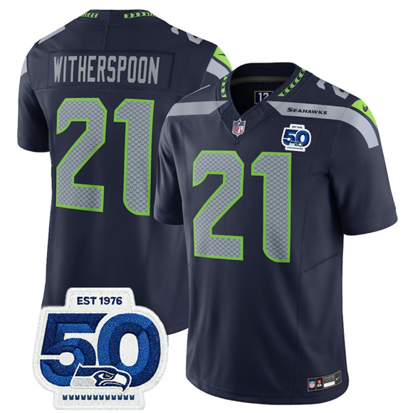 Men's Seattle Seahawks #21 Devon Witherspoon Navy 2025 F.U.S.E. 50th Anniversary Patch Vapor Limited Football Stitched Jersey