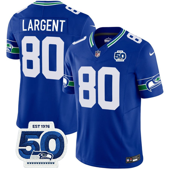 Men's Seattle Seahawks #80 Steve Largent Royal 2025 F.U.S.E 50th Anniversary Patch Throwback Vapor Limited Football Stitched Jersey
