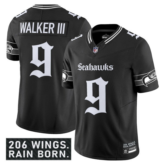 Men's Seattle Seahawks #9 Kenneth Walker III Black 2025 F.U.S.E. 'Gothic Rain City Shadows Edition' Vapor Limited Football Stitched Jersey