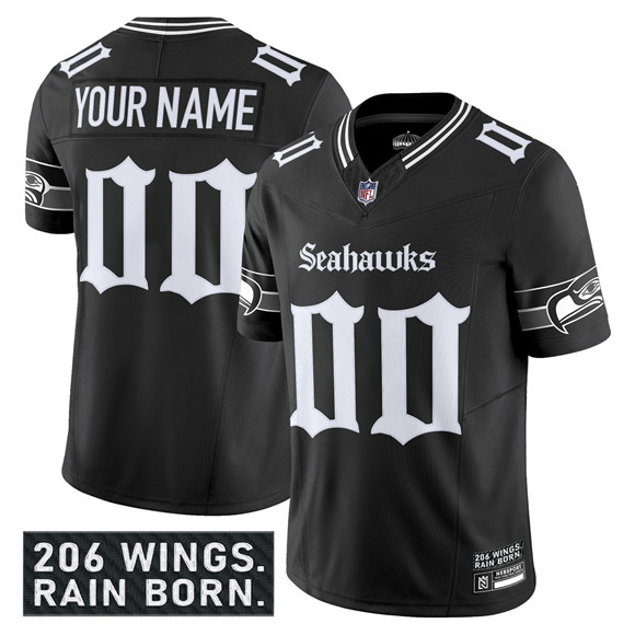 Men's Seattle Seahawks Active Player Custom Black 2025 F.U.S.E. 'Gothic Rain City Shadows Edition' Vapor Limited Stitched Jersey