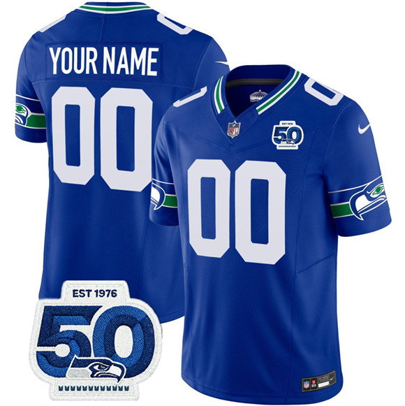 Men's Seattle Seahawks Active Player Custom Royal 2025 F.U.S.E 50th Anniversary Patch Throwback Vapor Limited Stitched Jersey