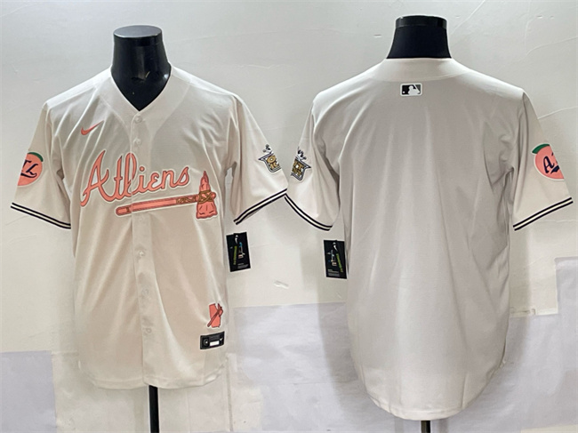 Men's Atlanta Braves Blank Cream 2024 Atliens & Peach With Outkast Patch Vapor Limited Stitched Baseball Jersey