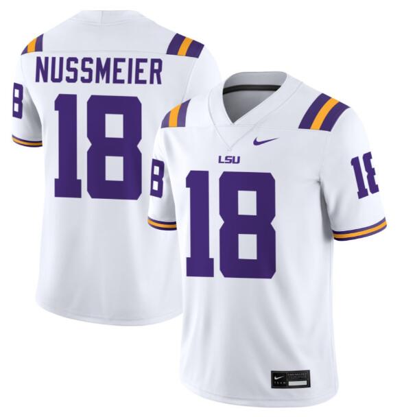 Men's LSU Tigers #18 Garrett Nussmeier White FUSE College Stitched Jersey
