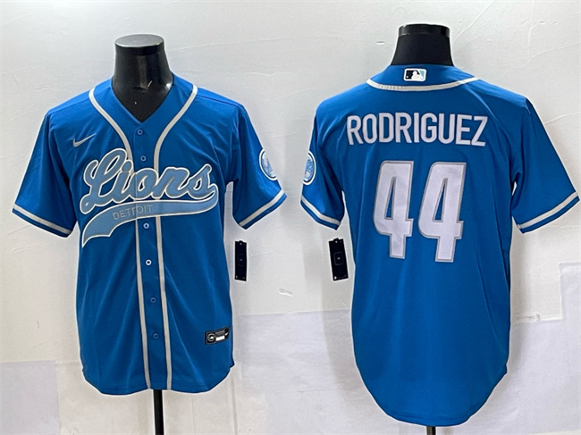 Men's Detroit Lions #44 Malcolm Rodriguez Blue Cool Base Stitched Baseball Jersey