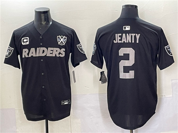 Men's Las Vegas Raiders #2 Ashton Jeanty Black With Nevada Silver Stat Patch And 65th Anniversary Patch 3-Star C Patch Stitched Baseball Jersey