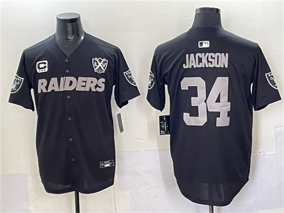 Men's Las Vegas Raiders #34 Bo Jackson Black With Nevada Silver Stat Patch And 65th Anniversary Patch 3-Star C Patch Stitched Baseball Jersey