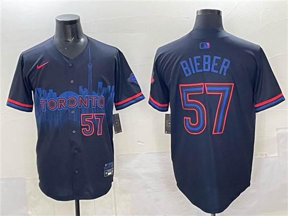 Men's Toronto Blue Jays #57 Shane Bieber Navy 2024 City Connect Limited Stitched Baseball Jersey