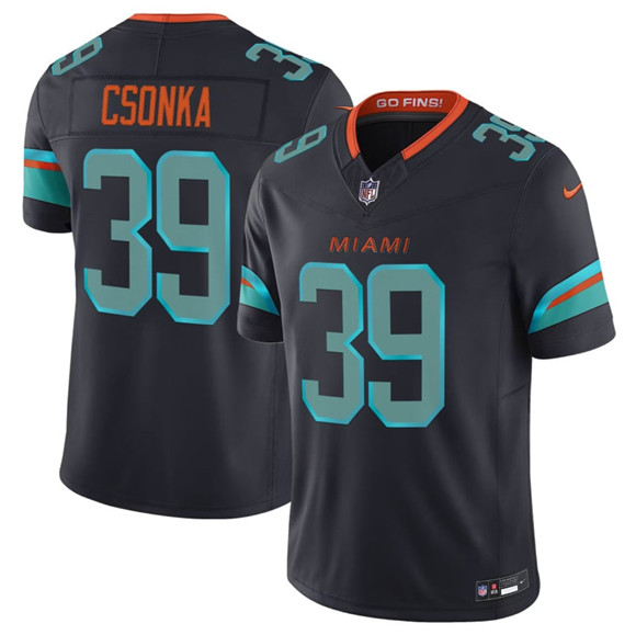 Men's Miami Dolphins #39 Larry Csonka Black 2025 F.U.S.E. “Rivalries” Vapor Limited Football Stitched Jersey