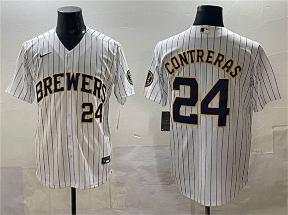 Men's Milwaukee Brewers #24 William Contreras White Pinstripe 2025 With Patch Stitched Stitched Jersey
