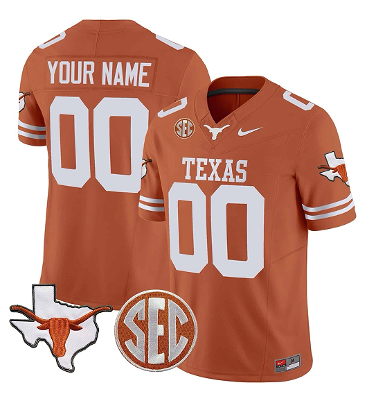 Men's Texas Longhorns Active Player Custom Orange F.U.S.E. State Map & SEC Patch Stitched Jersey