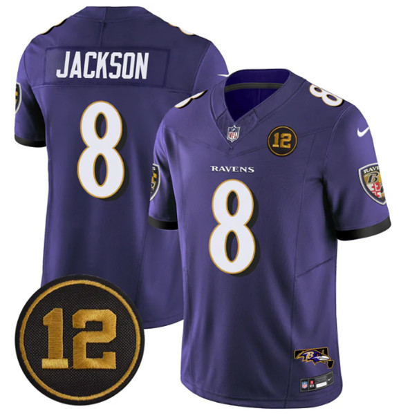Men's Baltimore Ravens #8 Lamar Jackson Purple 2025 F.U.S.E Jacoby Jones Patch Vapor Limited Football Jersey