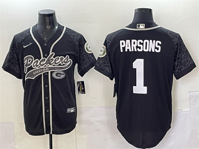 Men's Green Bay Packers #1 Micah Parsons Black Reflective With Patch Cool Base Stitched Baseball Jersey