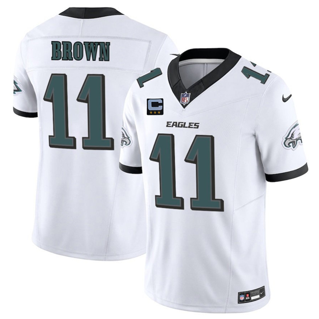 Men's Philadelphia Eagles #11 A.J. Brown White 2025 F.U.S.E. With 3-Star C Patch Vapor Untouchable Limited Stitched Football Jersey