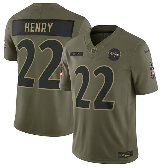 Men's Baltimore Ravens #22 Derrick Henry Olive 2025 Salute to Service Limited Football Stitched Jersey
