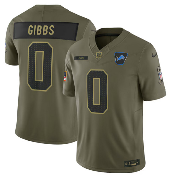 Men's Detroit Lions #0 Jahmyr Gibbs Olive 2025 Salute to Service Limited Football Stitched Jersey