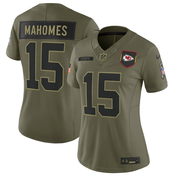 Women's Kansas City Chiefs #15 Patrick Mahomes Olive 2025 Salute to Service Limited Stitched Jersey(Run Small)