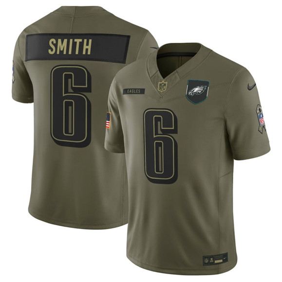 Men's Philadelphia Eagles #6 DeVonta Smith Olive 2025 Salute to Service Limited Football Stitched Jersey